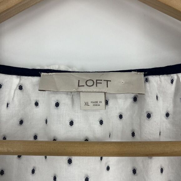 Loft Top Size XL Navy White Swiss Dot Shirt Popover Clip Ruffle Bib Blouse - Picture 3 of 8